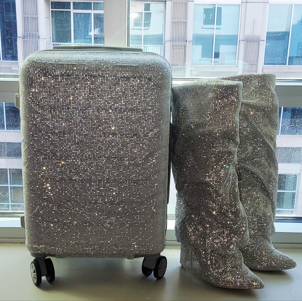 NEW YORK HEIRESS Custom Silver Crystal TSA Approved Carry-On Luggage & Boots Set